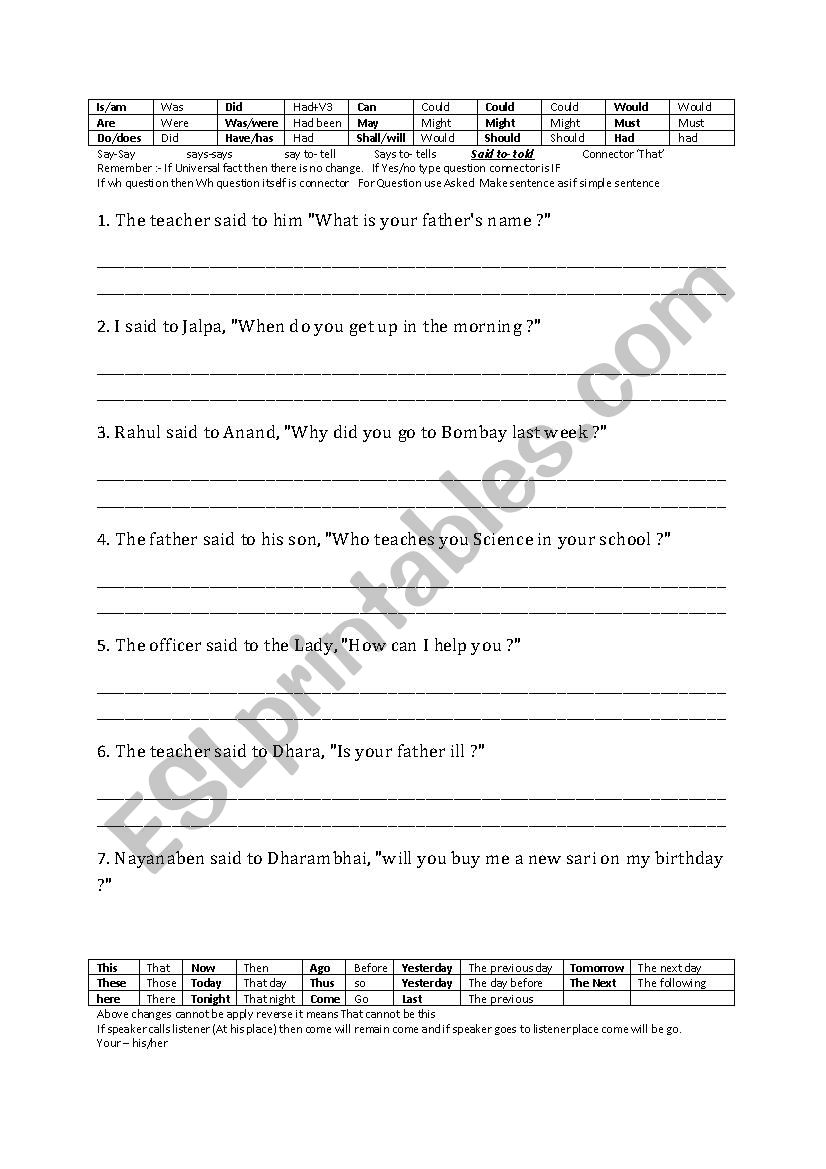 REPORTED SPEECH INTERROGATIVE SENTENCE [ITS PPT WITH ANSWERS IS ON http://www.eslprintables.com/powerpoint.asp?id=73748#thetop